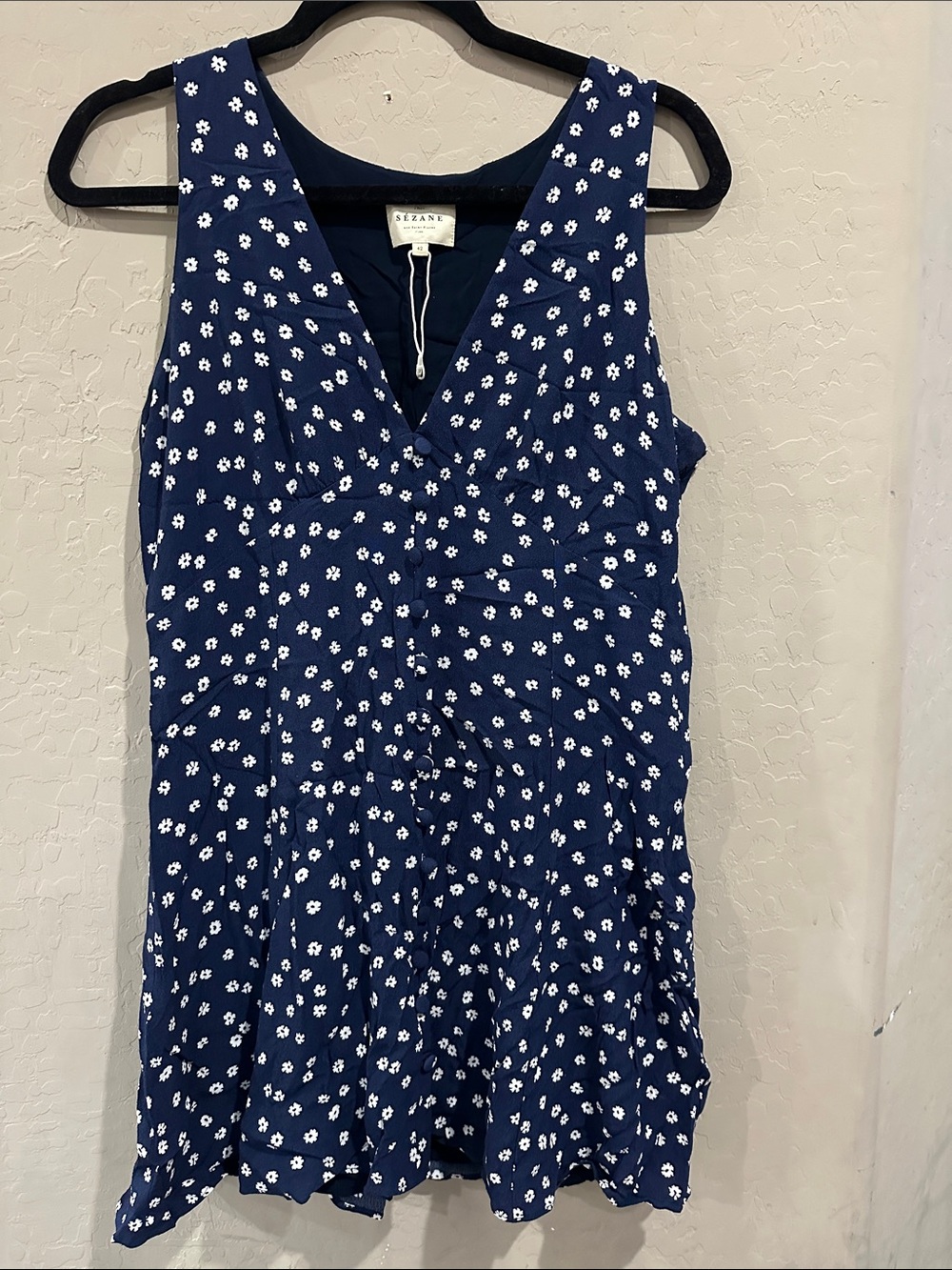 Sezane Navy Blue Floral V-Neck Tank
